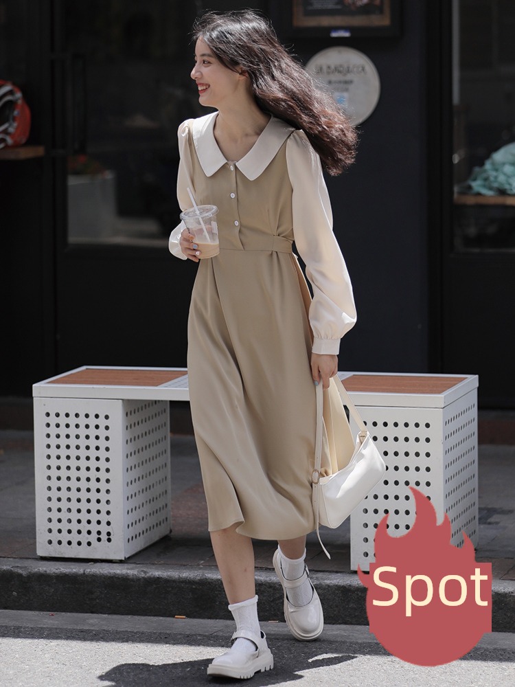 An Xiaoluo Retro khaki High waist A word Dress