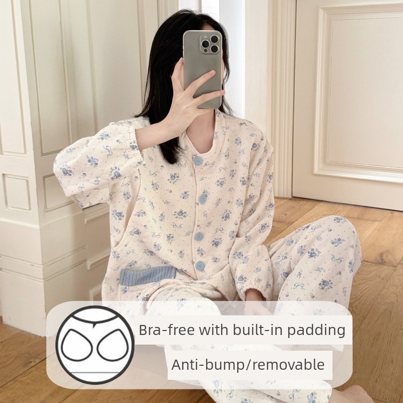 Spring, Autumn, and Winter Maternity Pajamas with Chest Pads, Thickened Air Cotton, No Need to Wear Underwear, Layered Maternity Sleepwear with Hood Set — 7