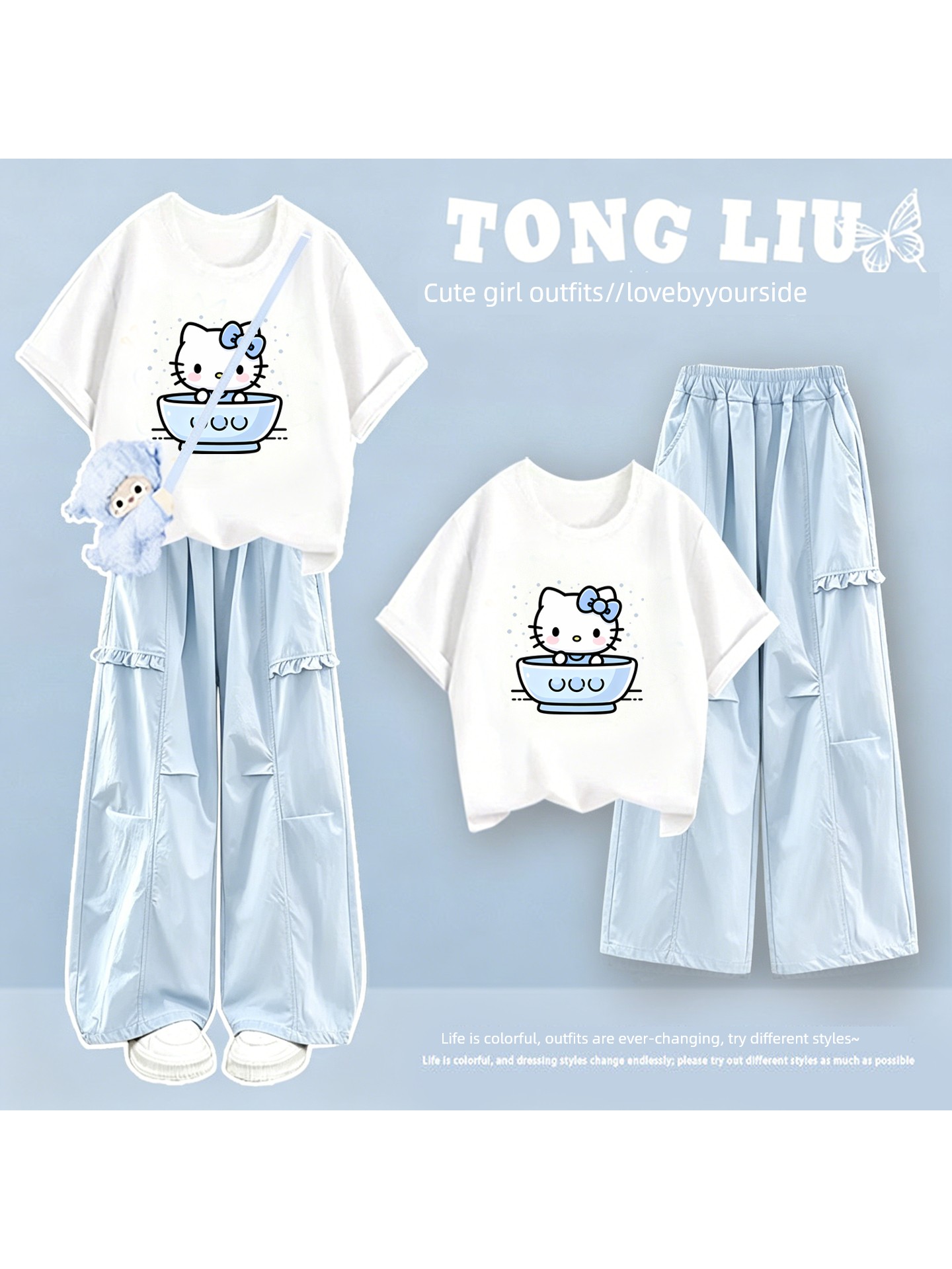 Girls' Short-Sleeved Summer Suit 2026 New Style for Middle School Students, Stylish Pure Cotton Clothing, Thin Cargo Pants — 2