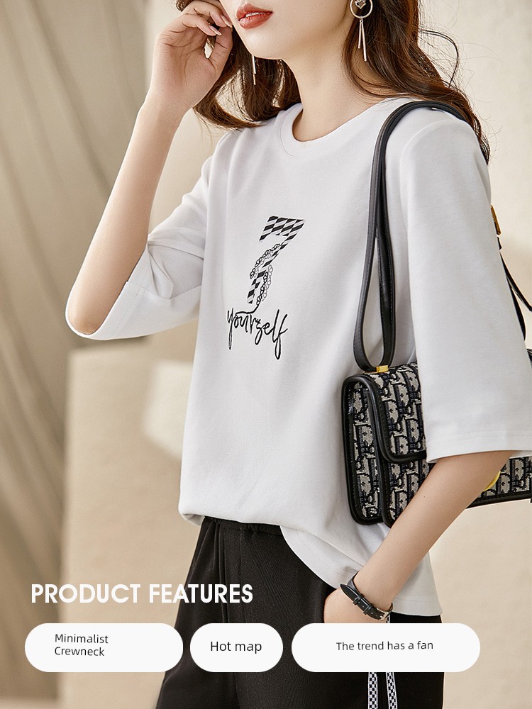 Ou Ni Xue 2023 spring clothes The new Kik  Embroidery three quarter sleeve T-shirt female Simplicity Round neck commute Straight cylinder Fashion sense