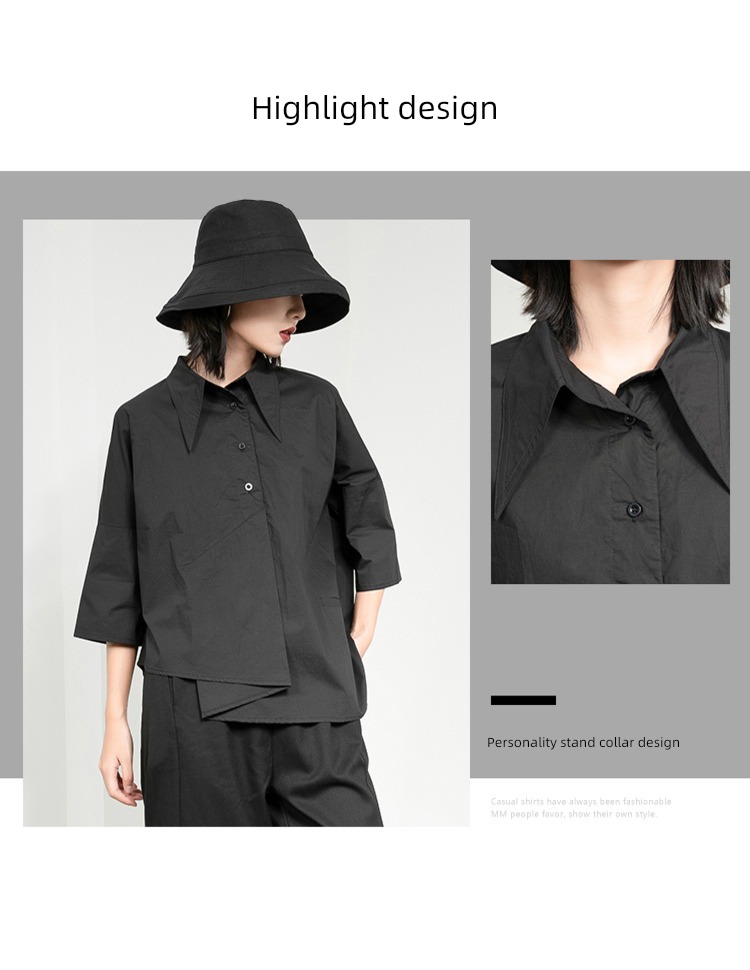 dark Salt system Yoshi Yamamoto Spring and summer Women's wear Cold wind Abstinence Asymmetry Compression fold Lapel three quarter sleeve shirt