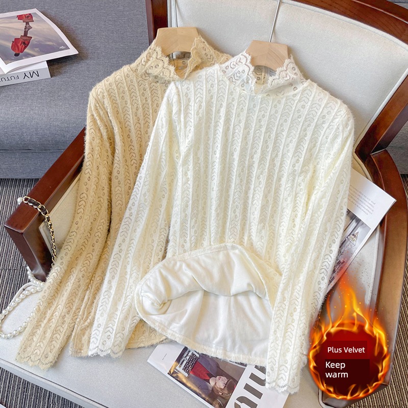 Big size 2022 winter new pattern fashionable Lace Undershirt female thickening Show thin Cover meat Inner lap Plush keep warm jacket