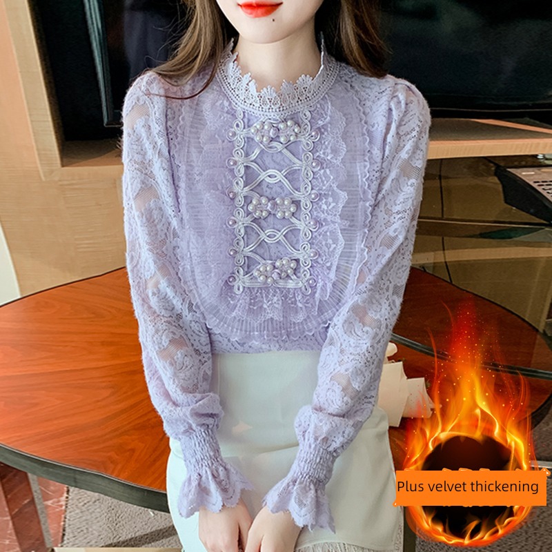 fashionable Foreign style Gauze Undershirt female Autumn and winter clothes 2022 new pattern Cut out with lace Long sleeve Plush thickening Put on your clothes