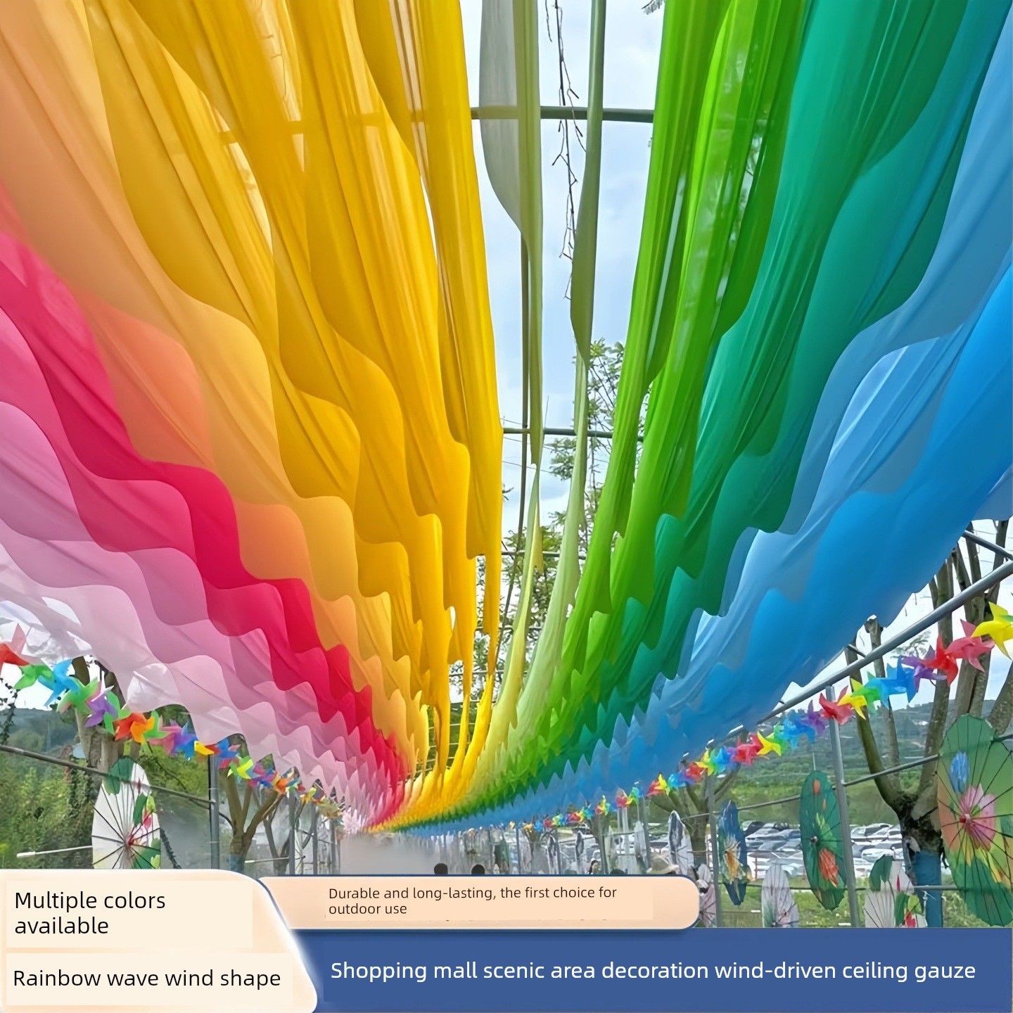Trendy Rainbow Wave Wind-Swept Gauze Sunshade Canopy Outdoor Commercial Street Scenic Corridor Ceiling Decoration Drape