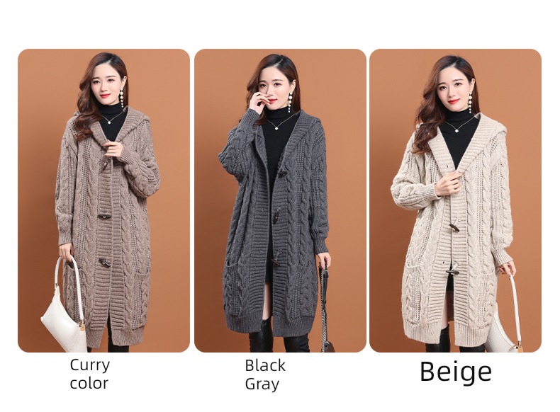 loose coat female With pocket Hemp flowers Hooded Cardigan Ox horn buckle