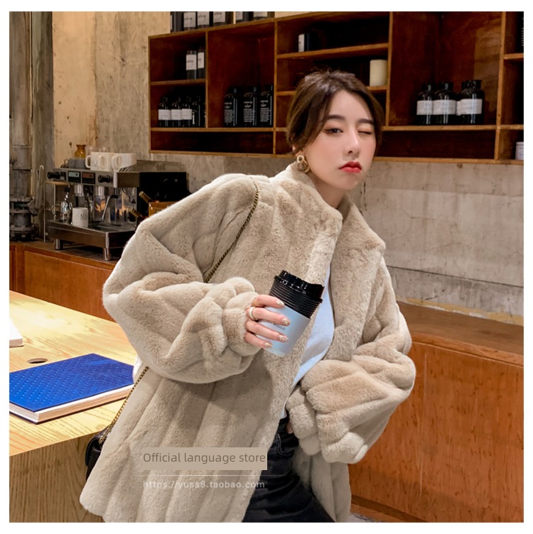 2022 Autumn and winter Imitation rabbit hair leather and fur female Medium and long term Plush clothes easy Lamb hair overcoat stand collar Maomao loose coat
