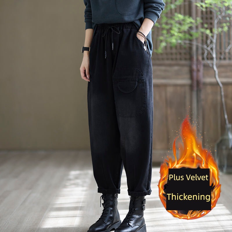 Guangzhou Xintang Town Jeans female Plush winter 2022 new pattern thickening trousers ma'am easy radish Haren pants