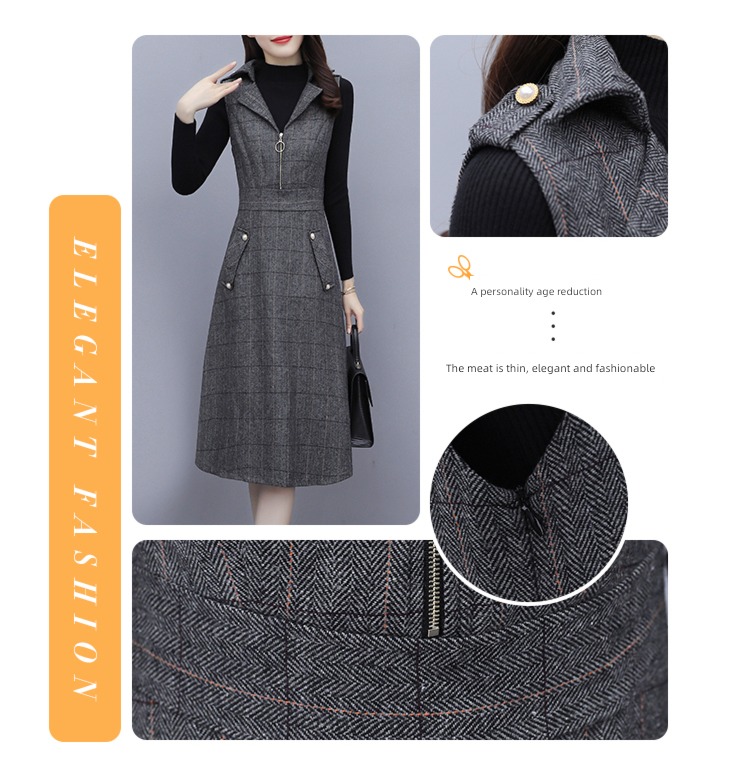 Autumn and winter Wool lattice Close your waist Show thin Dress suit