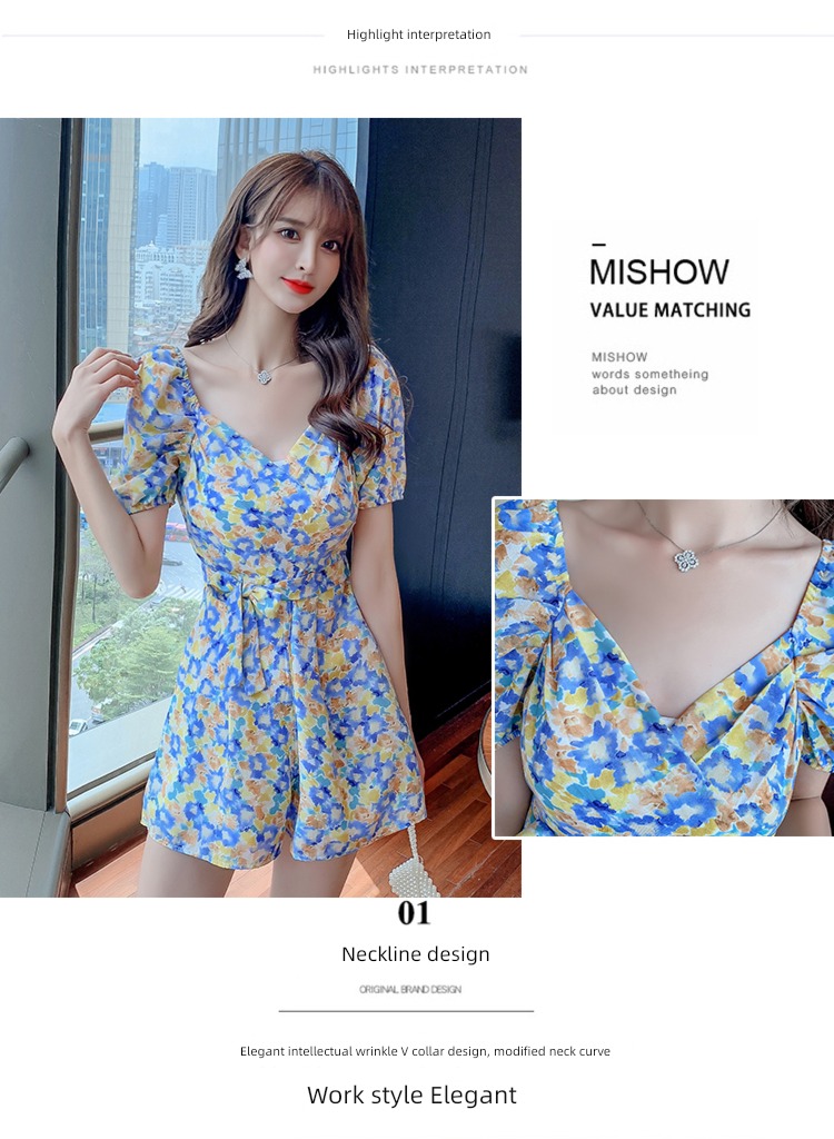 temperament Straight shoulder V-neck Broken flower shorts one-piece garment