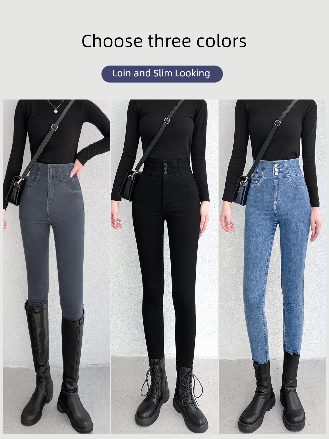 High waist Tight fitting Smoky grey pencil winter Jeans