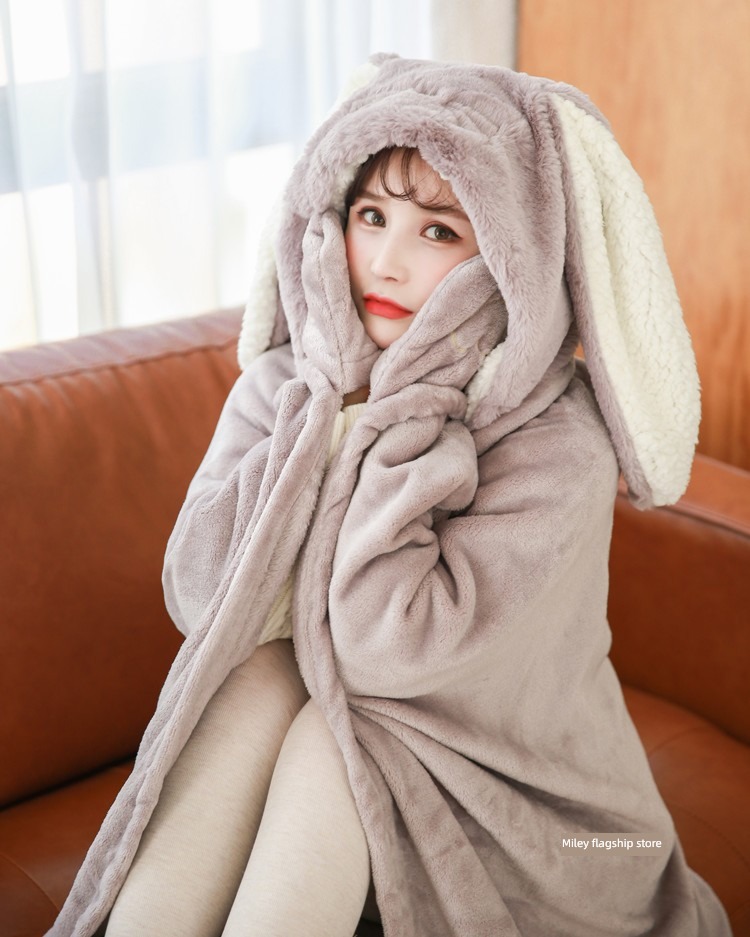 thickening Lazy man lovely rabbit Hooded Autumn and winter Nap blanket