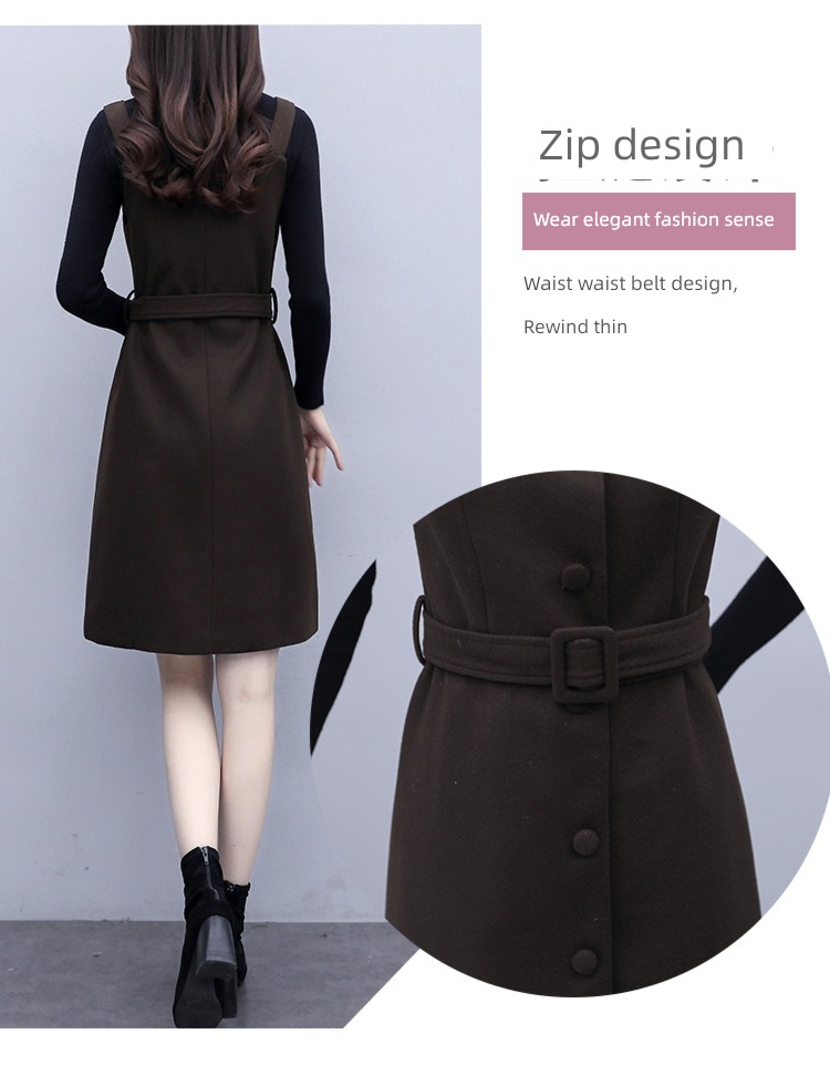 Autumn and winter Woolen cloth female Close your waist temperament mom Dress