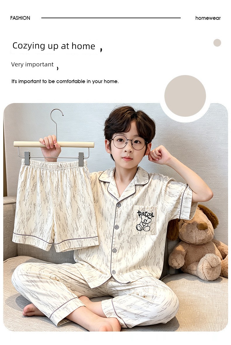 Children's Pajamas for Boys 2026 New Style Cloud Cotton Short-Sleeved Medium and Large Kidsren's Summer Thin Three-Piece Set for Boys That Can Be Worn — 2