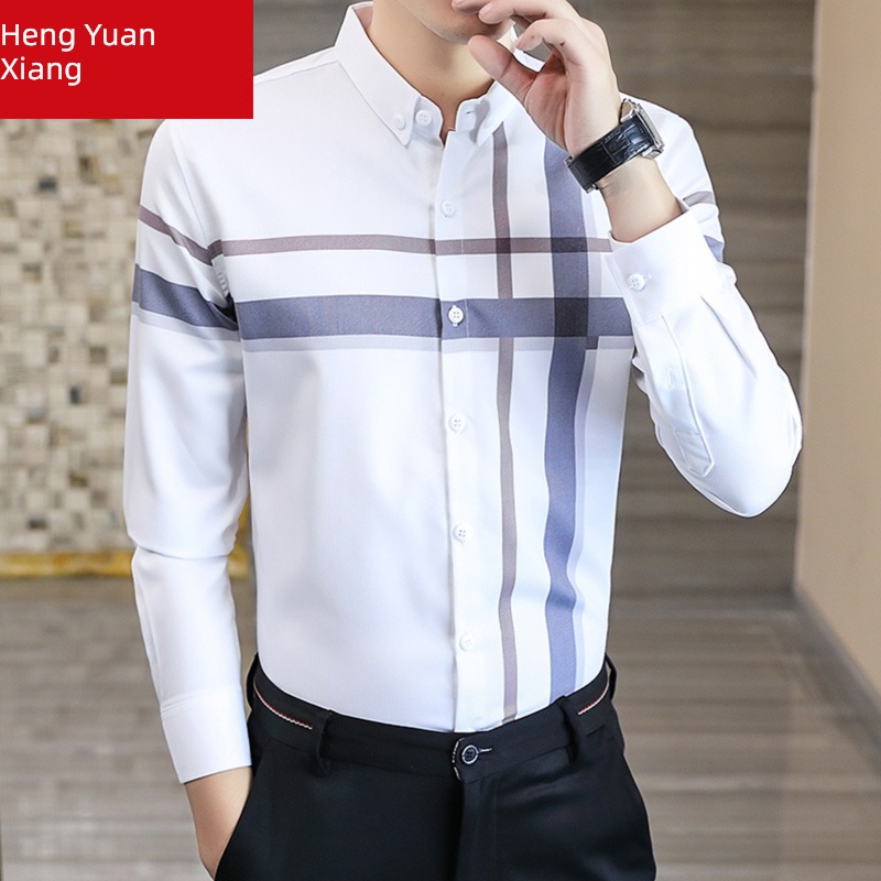 hyz  Long sleeve Ice silk lattice leisure time business affairs shirt