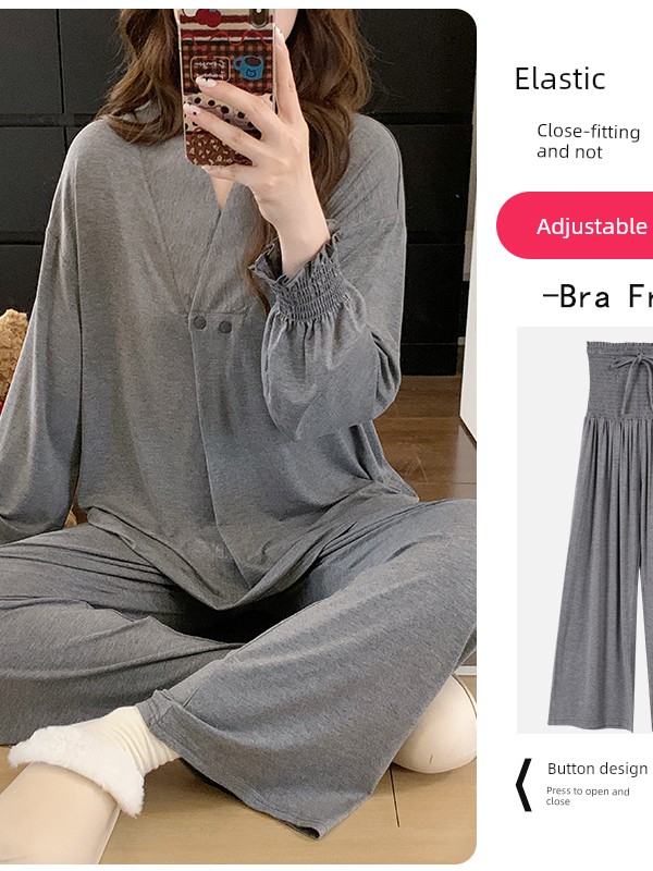 Modal Postpartum Clothing, Summer Thin Style, Postpartum Nursing Maternity Pajamas, Spring and Autumn Pregnancy Sweat-Absorbent Maternity Nursing Home Wear