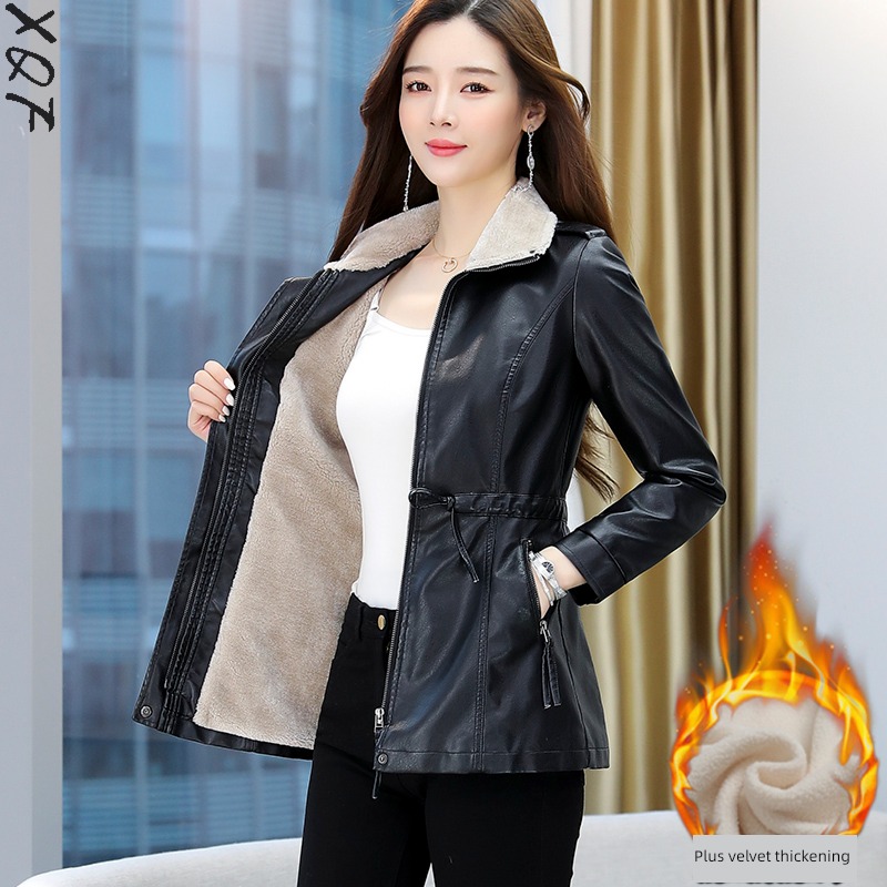 loose coat female middle age mom Self-cultivation Plush keep warm leather clothing