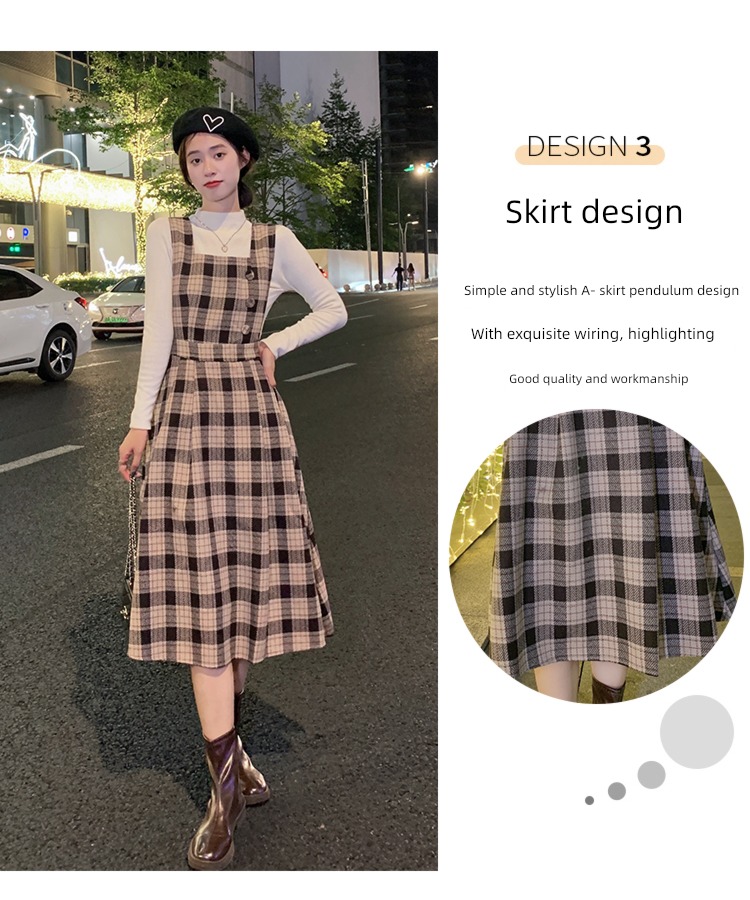 Autumn and winter French Check pattern Wool Dress suit straps