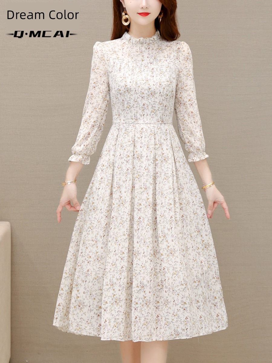 French Spring High waist mom Long sleeve Chiffon Dress