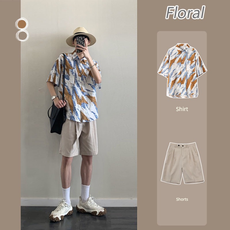 Hong Kong flavor Retro style leisure time Two piece set Short sleeve shirt