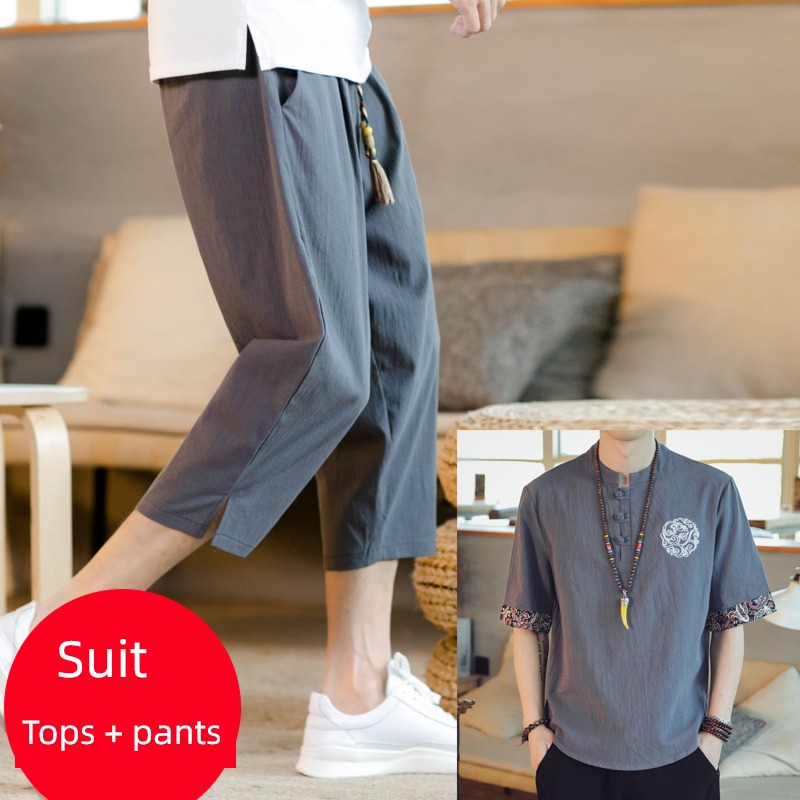 summer man Chinese style Cotton and hemp leisure time Cropped Trousers