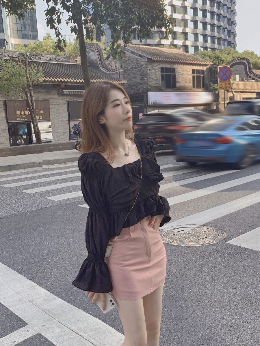 black Ruffles Chiffon French Long sleeve Thin money shirt