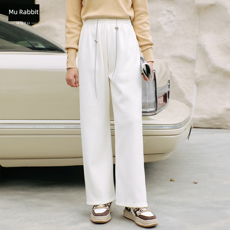 Moxa rabbit High waist Show thin corduroy trousers female 2022 Autumn and winter new pattern little chap Plush thickening easy Wide leg pants