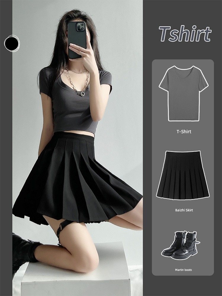 black Spring, autumn and winter student Show thin Wool Pleated skirt