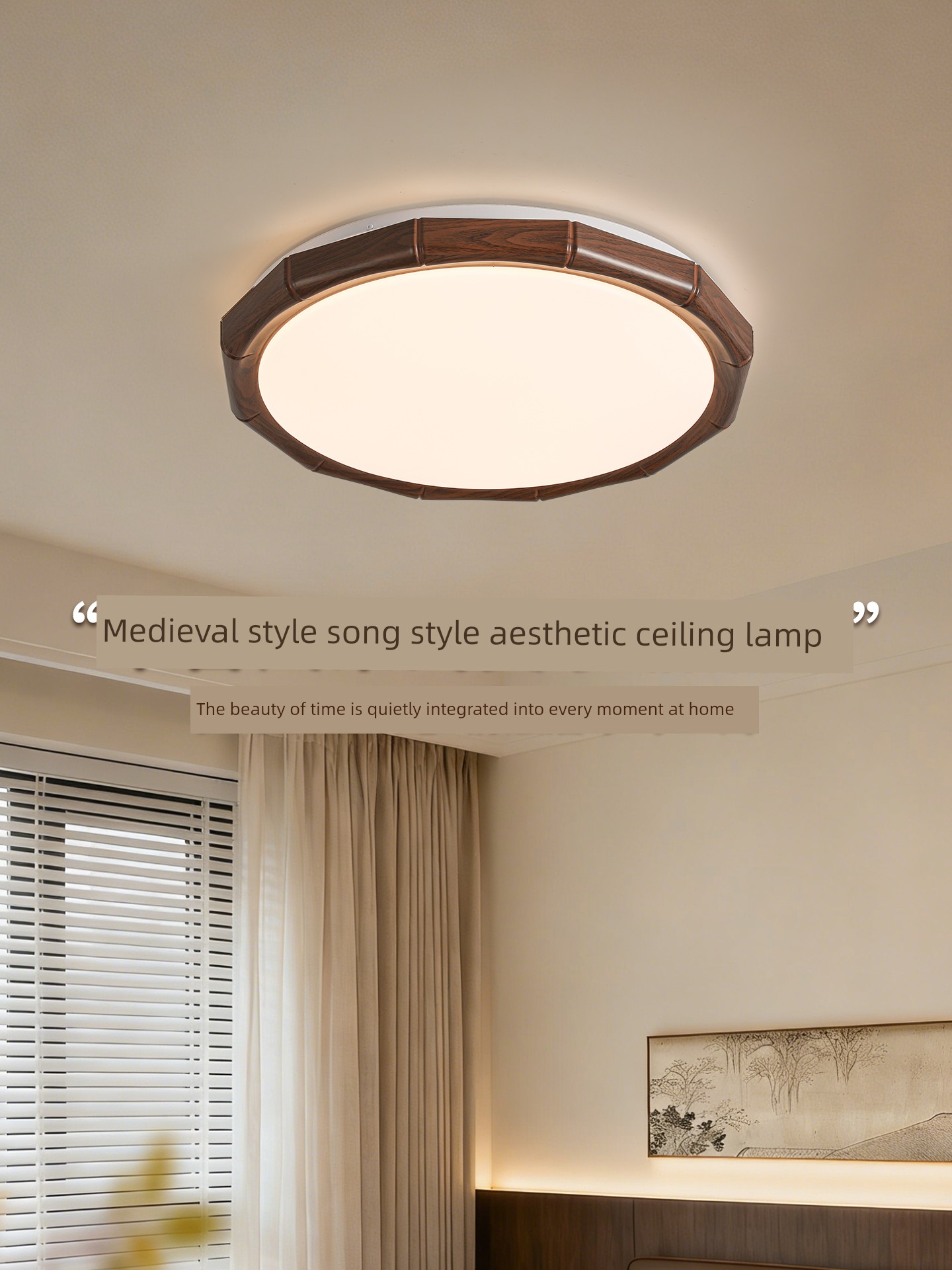 Vintage-Style Bedroom Ceiling Light, Retro New Chinese Style Bamboo Design, Full Spectrum, Retro Master Bedroom Ultra-Round Study Lamp R335