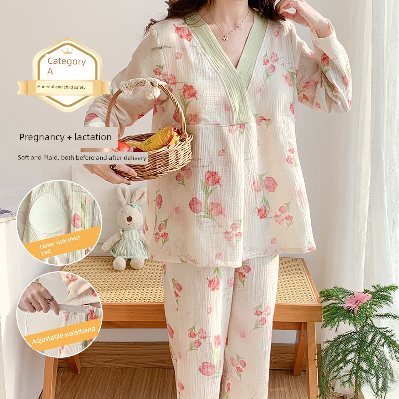 Cotton Confinement Clothing Cotton Pajamas for Pregnant Women Spring & Fall Maternity Pure Cotton Sweat Absorbing Summer Thin August Homewear — 8