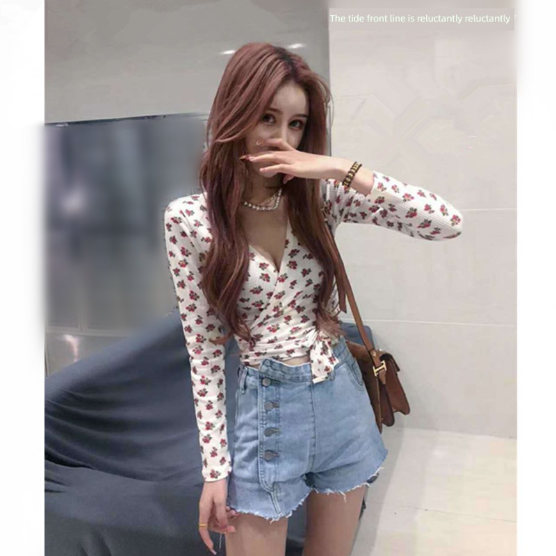 Internet celebrity Kwai Fu Self-cultivation V-neck overlapping Long sleeve T-shirt Cardigan
