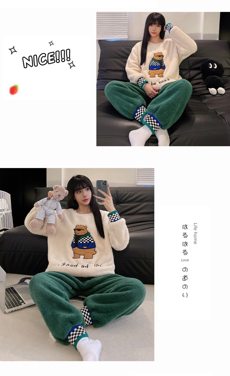 thickening Coral velvet Cartoon Embroidery Winter money lovers pajamas