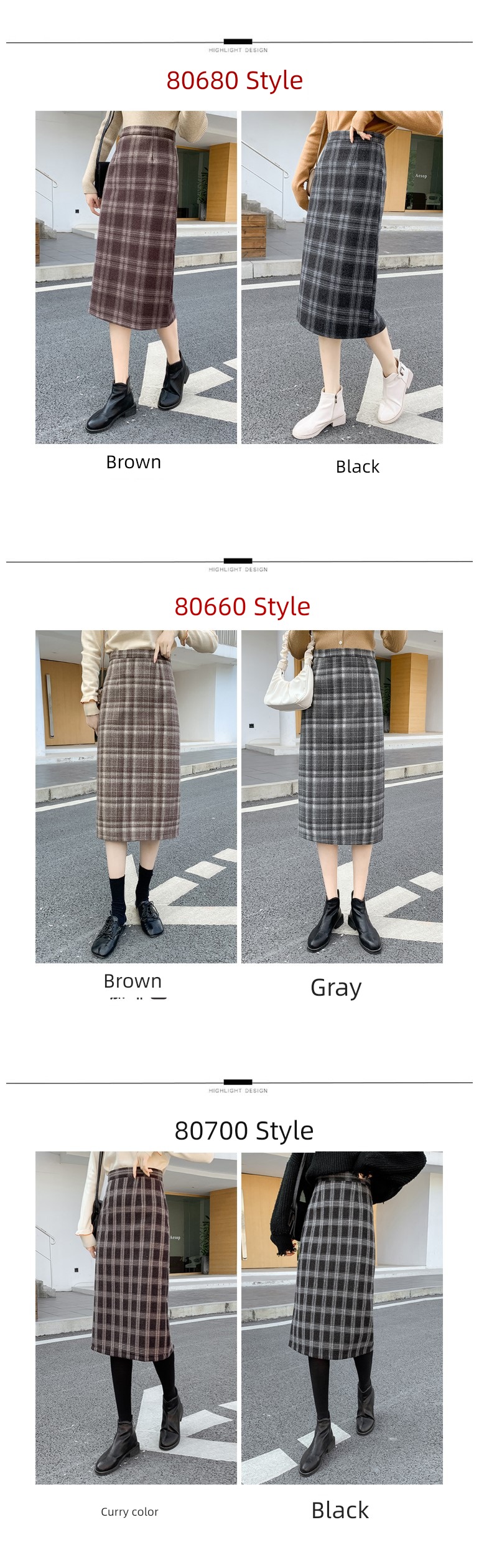 Retro Wool Autumn and winter Medium and long term Check pattern skirt