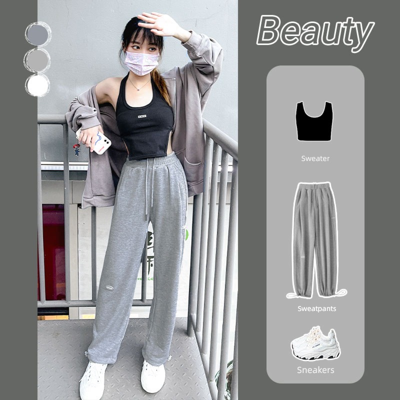 grey Straight cylinder easy Fat mm thickening leisure time Wide leg pants