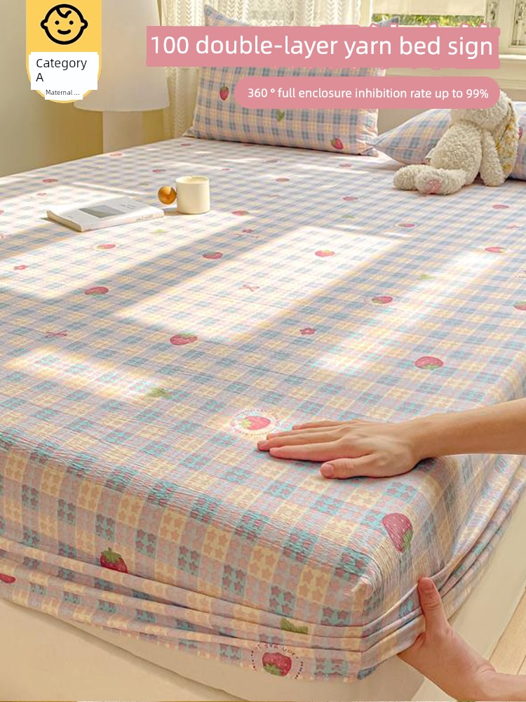 INS Double-Layer Yarn Fitted Sheet One-Piece 2025 New Arrival Non-Cotton Pure Cotton Dormitory Single Sheet Set Mattress Protective Cover 3
