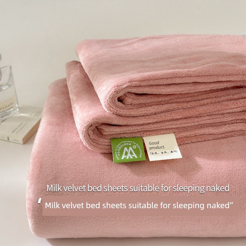 2025 New Arrival Class a Thickened Milk Fiber Bed Sheet One-Piece Autumn and Winter Fleece-lined Pure Color Quilt Single Coral Velvet Three-Piece Set