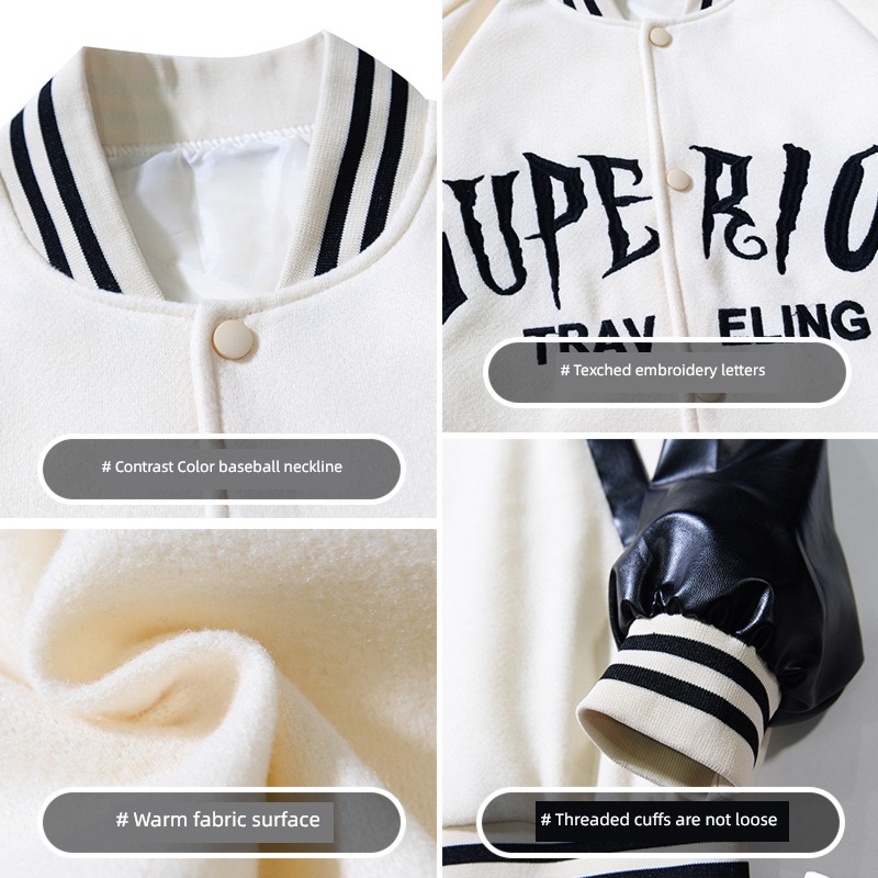 American style street autumn Splicing PU leather Woollen cloth mlb