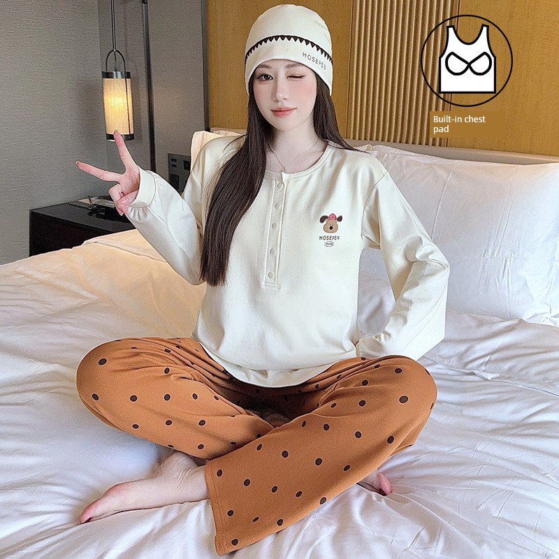 Hat with Chest Pad, Postpartum Clothing, Pure Cotton Nursing Pajamas, Postpartum Maternity Home Wear for Spring, Autumn, and Winter, Can Be Worn Outside — 8