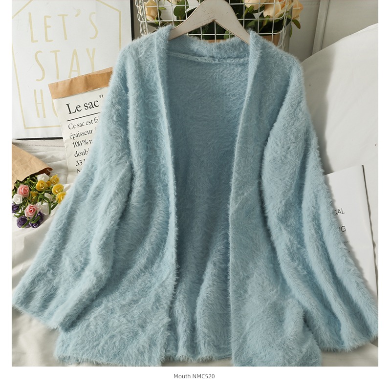 loose coat female Sweet  Plush Solid color No buckle Cardigan
