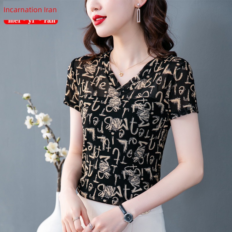 European station Retro Gauze clothes Short sleeve V-neck letter T-shirt