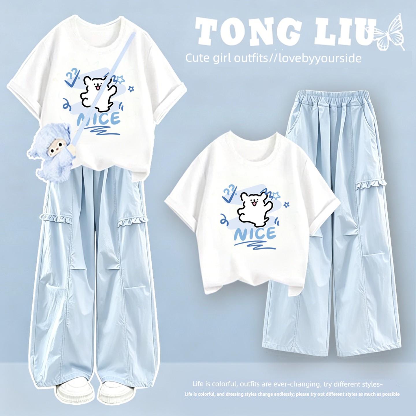 Girls' Short-Sleeved Summer Suit 2026 New Style for Middle School Students, Stylish Pure Cotton Clothing, Thin Cargo Pants — 5