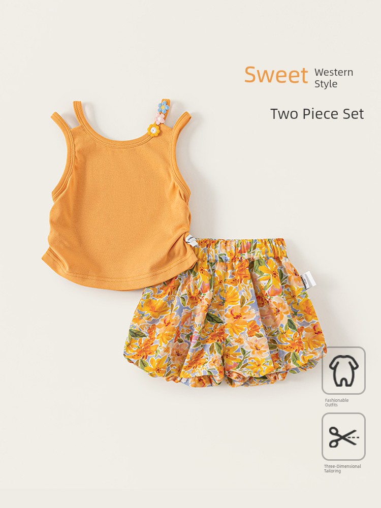Girls' Summer Outfit: Sweet Thin Vest and Floral Bloomers, Stylish Summer Suspender Shorts for Baby Girls — 3