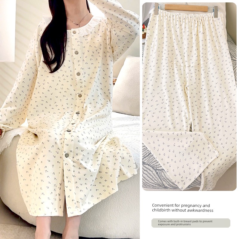 Spring and Autumn Pure Cotton Maternity Dress with Chest Pads, Hospital Delivery Gown, Maternity Sleepwear, Nursing Dress for Pre and Postpartum