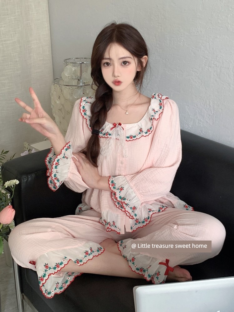 Zhao Lusi Same female pure cotton lace Embroidery pajamas