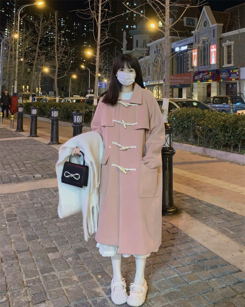 loose coat female Retro Pink Medium and long term Wool loose coat