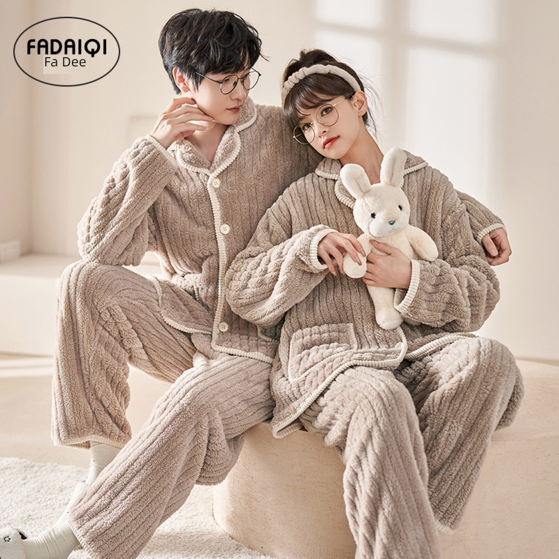 Flannel Cardigan keep warm One man and one woman lovers pajamas
