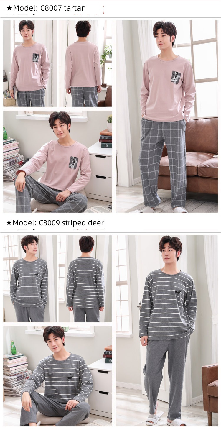 male Long sleeve Cotton Big size Autumn  summer suit pajamas