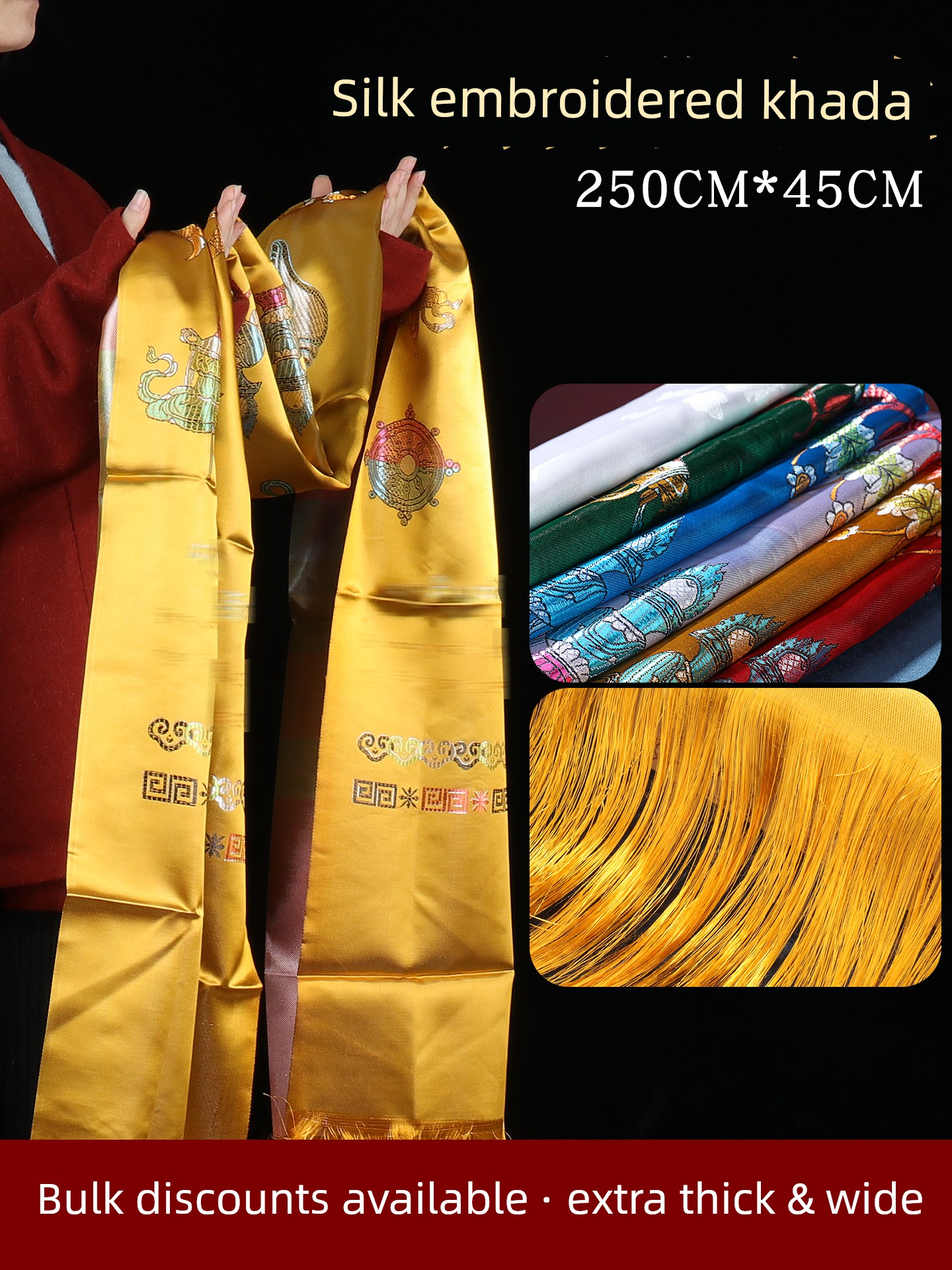 Eight Auspicious Symbols Tibetan Silk Embroidered Wide and Thickened Prayer Scarf, Bulk Order for Elders and Scenic Area Gifts, 2.5m