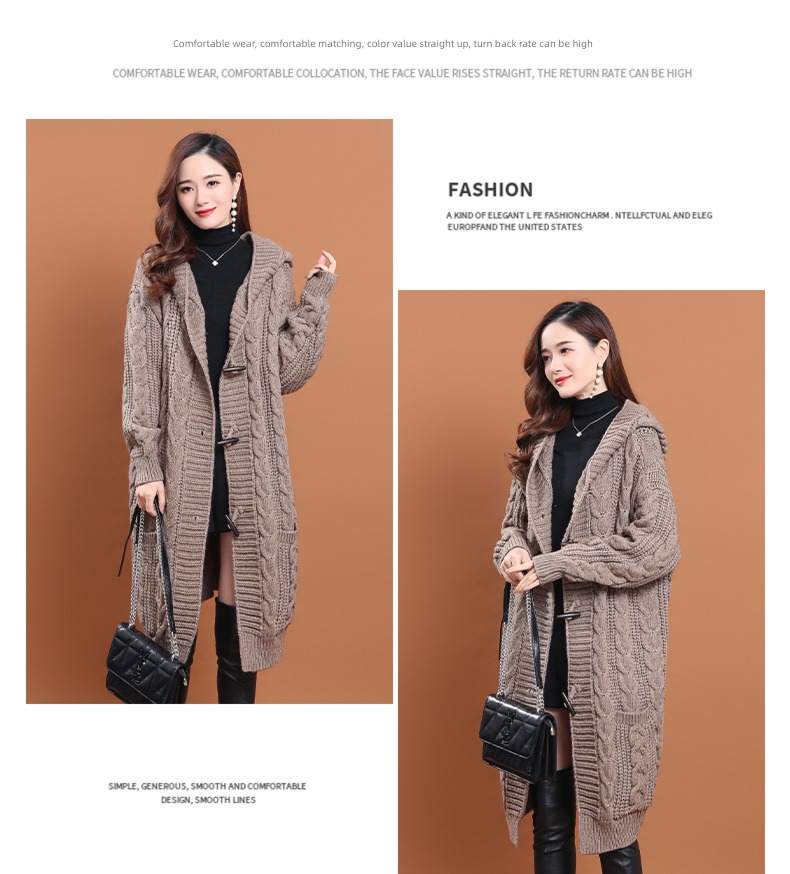 loose coat female With pocket Hemp flowers Hooded Cardigan Ox horn buckle
