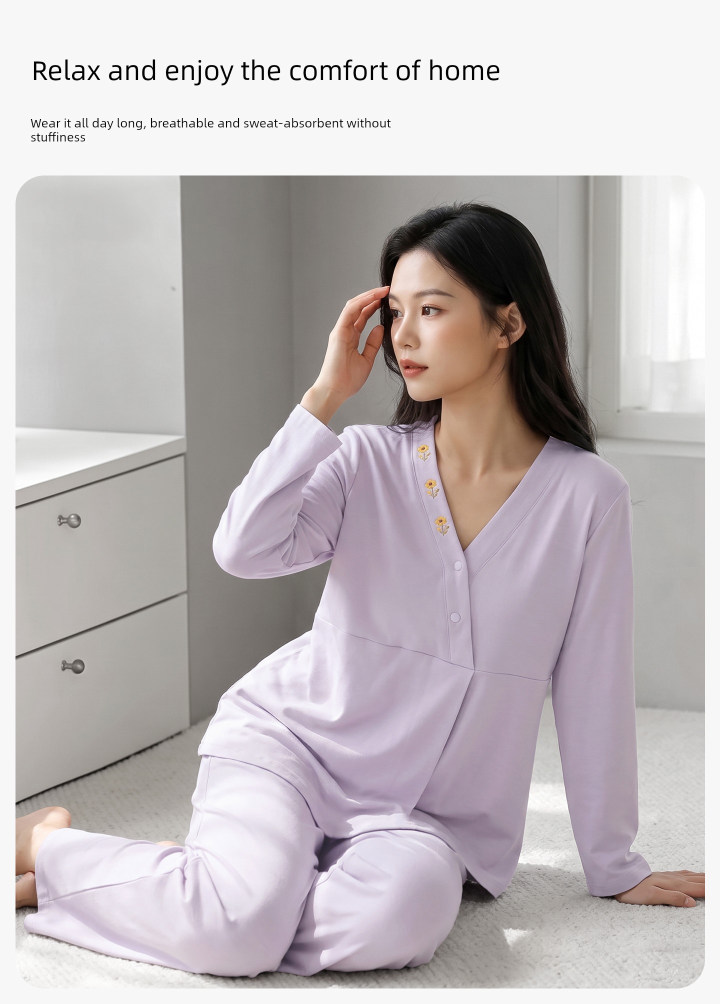Hat with Chest Pad, Autumn and Winter Maternity Wear, Pure Cotton Nursing Pajamas, Spring and Autumn Postpartum Maternity Wear, Non-Tightening Home Wear — 4