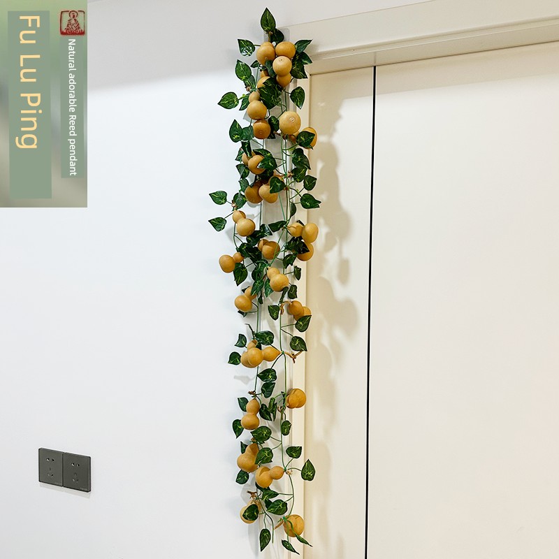 Natural Small Calabash Hanging Piece Pendant Living Room Entrance TV Cabinet Bedroom Door Decoration Irregular Borehole Green Radish Plastic Leaves